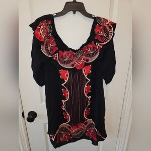 Embroidered Black and Red Women's Top